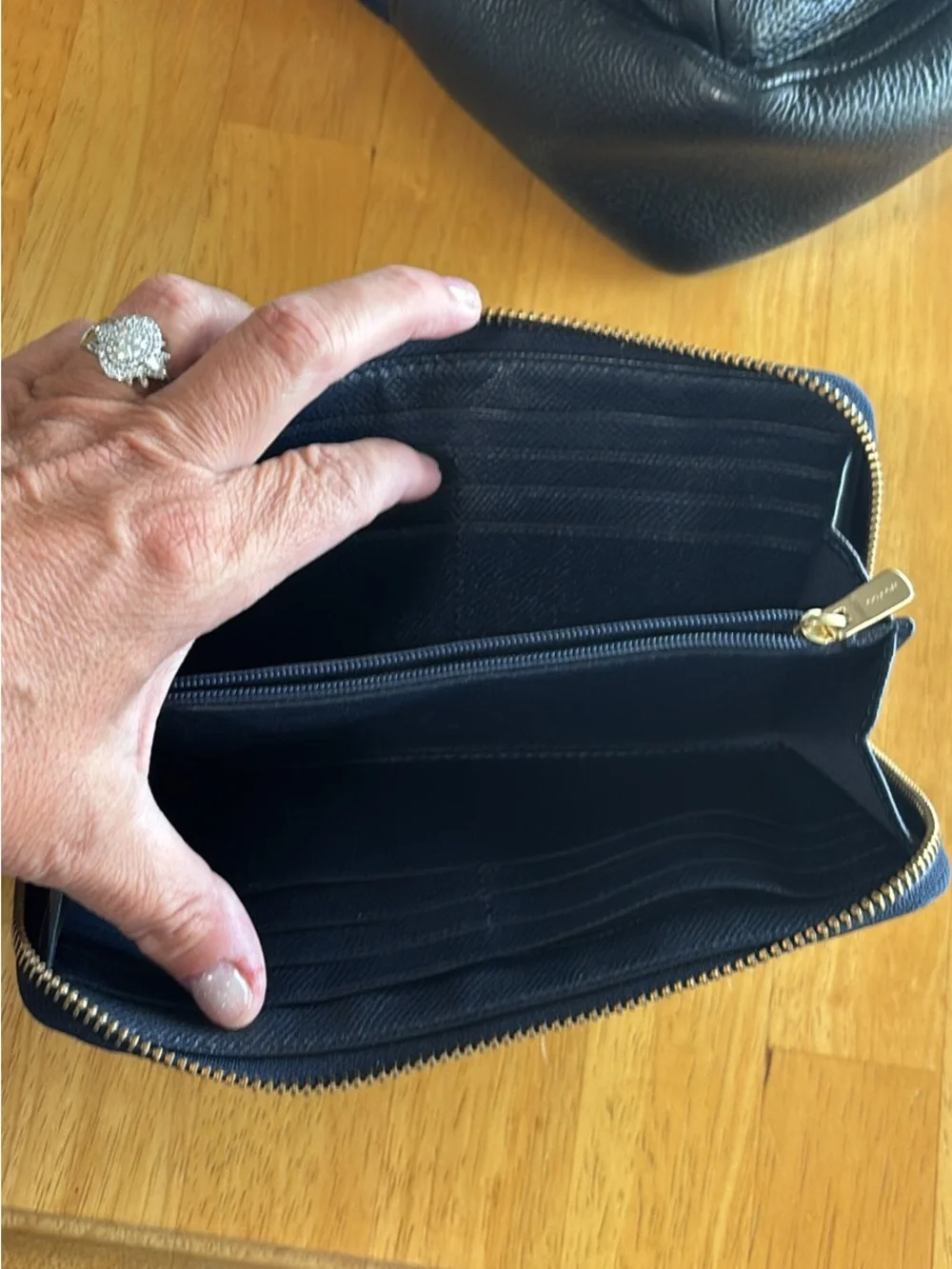 Coach Navy Leather Zip Wallet with Exterior Card Pocket and Gold Hardware